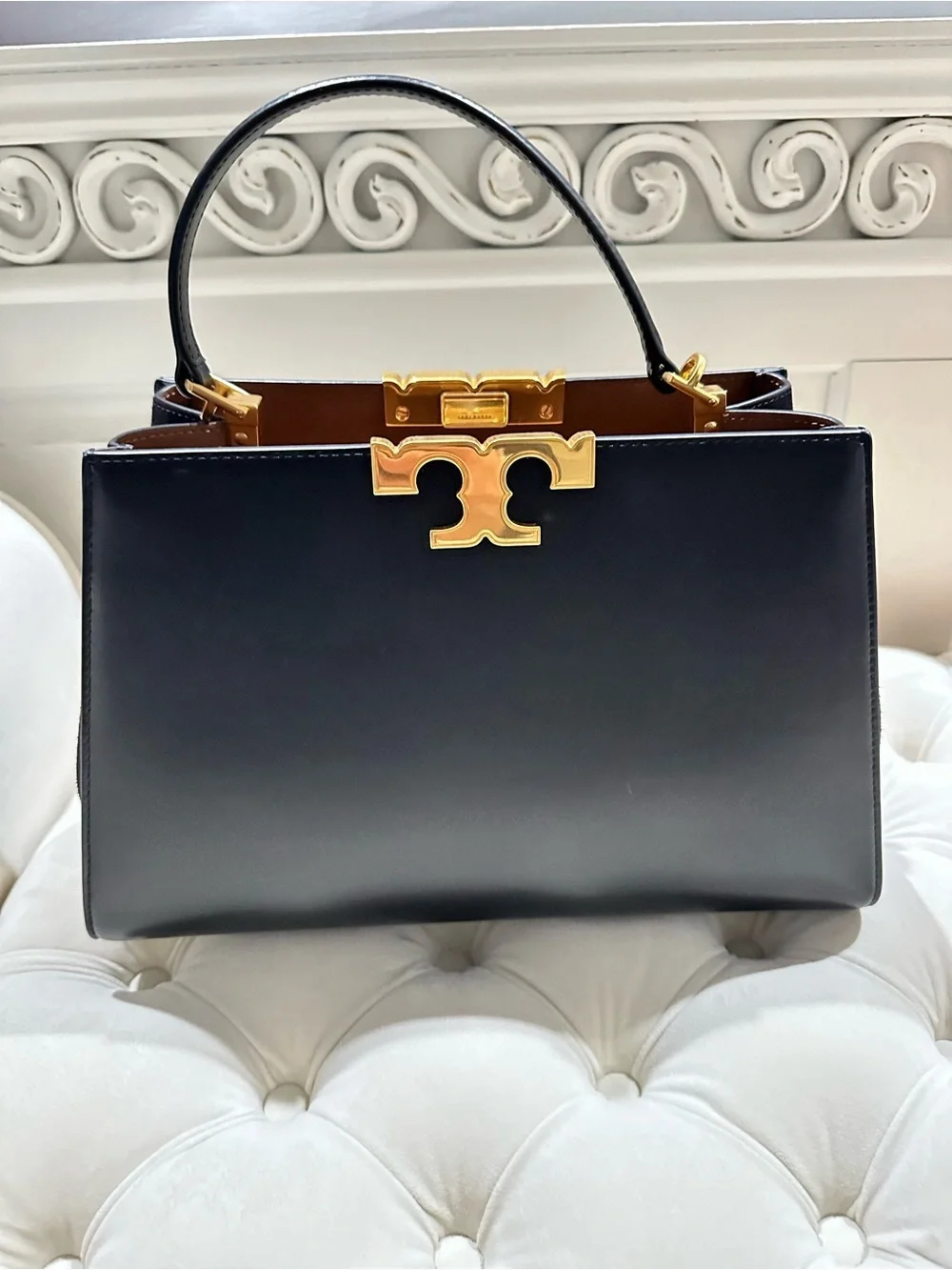 Tory Burch Black Leather Top-Handle Tote with Gold Logo Accent